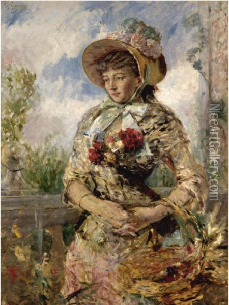 Joven Con Cesta De Flores (an Elegant Lady With A Basket Of Flowers) Oil Painting - Eduardo Leon Garrido