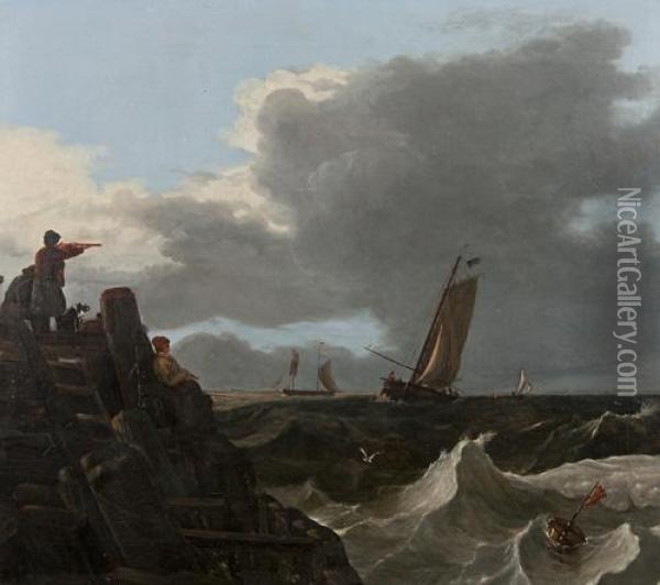 Gorleston Pier With Vessels Coming Into Harbour Oil Painting - Miles Edmund Cotman