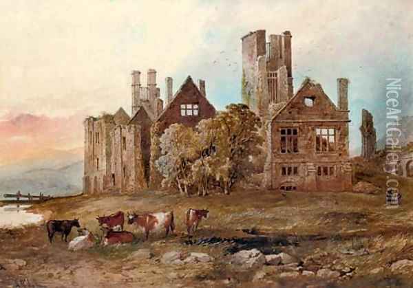 Cattle grazing before a ruined castle Oil Painting - Arthur Sr MacArthur