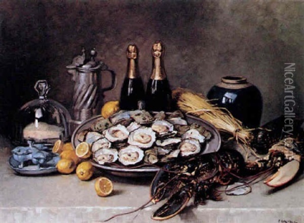 Still Life Of Oysters, Lobster And Champagne Oil Painting - Edouard Chappel
