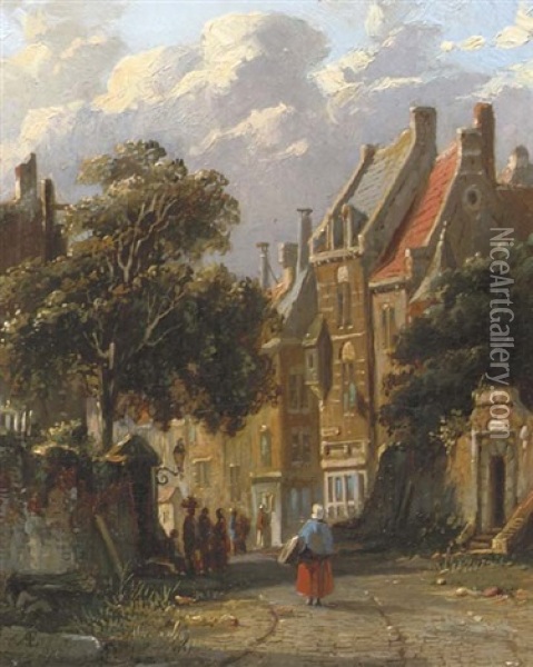 Townsfolk On A Sunlit Street Oil Painting - Adrianus Eversen