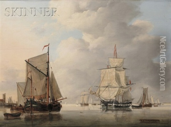 Vessels In A Calm Port Oil Painting - Jan Hendrik Boshamer
