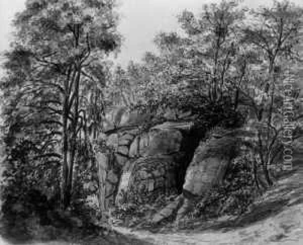 Waldlandschaft Mit Felsgrotte. Verso Landschaftsstudie (feder, Laviert, Uber Bleistift). Oil Painting - Cantius Dillis