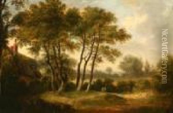 Woody Landscape With Cottage Oil Painting - John Rathbone