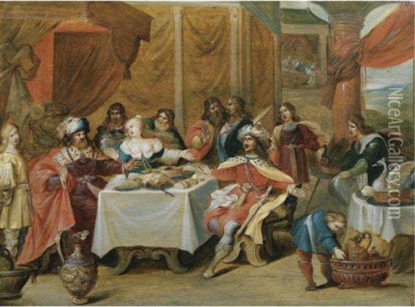 The Banquet Of Esther Oil Painting - Frans II Francken