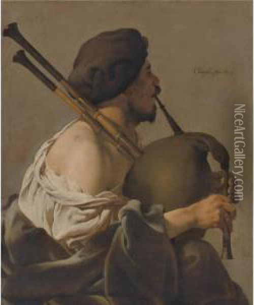Bagpipe Player In Profile Oil Painting - Hendrick Terbrugghen