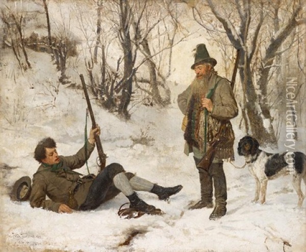 Hunters In Winter Oil Painting - Anton Kozakiewicz
