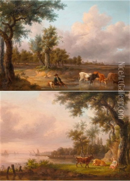 Pair Of Works: A Seascape With A Shepherdess / A Seascape With A Shepherd Oil Painting - Frans Swagers