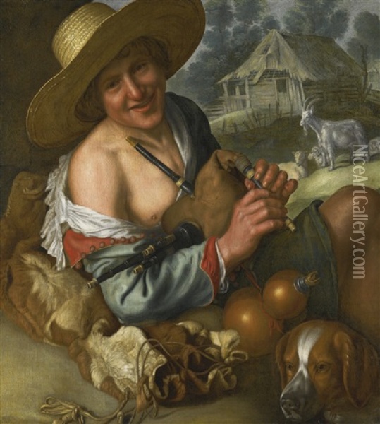 A Goatherd With A Bagpipe And His Mastiff, In A Landscape With Goats Beyond Oil Painting - Peter Wtewael