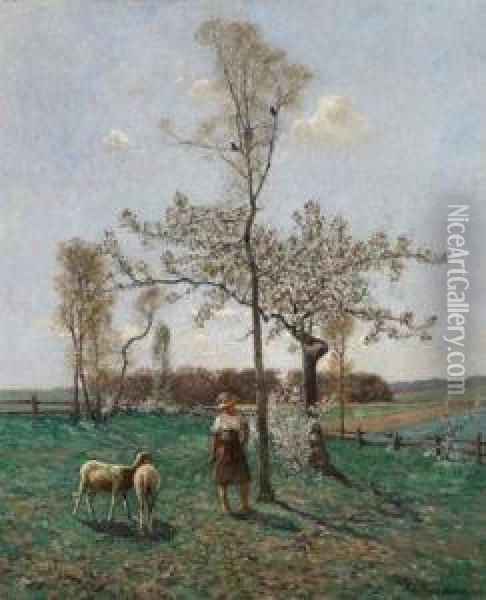 Schafhirtin Unter Bluhenden Baumen Oil Painting - Peter Paul Muller