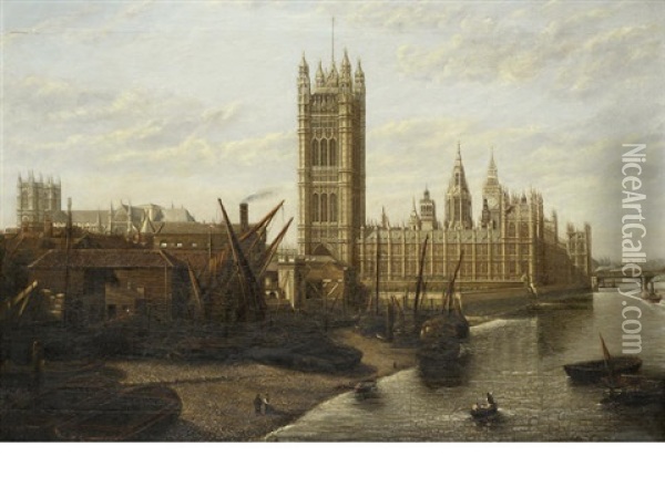 The Houses Of Parliament From The Thames Oil Painting - William Robert Latta