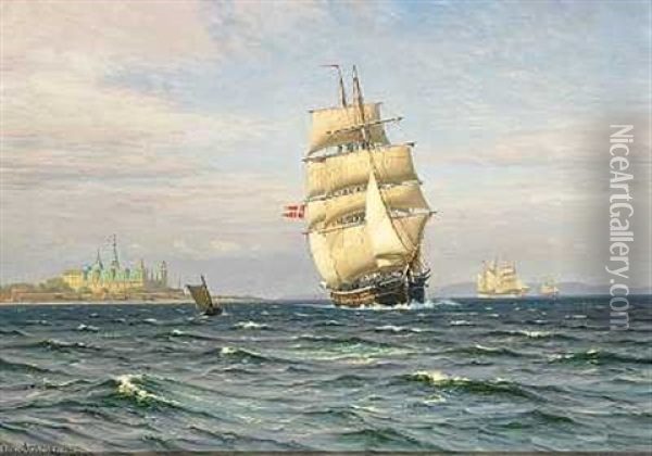 Marine Med Sejlskibe Ud For Kronborg Oil Painting - Vilhelm Karl Ferdinand Arnesen