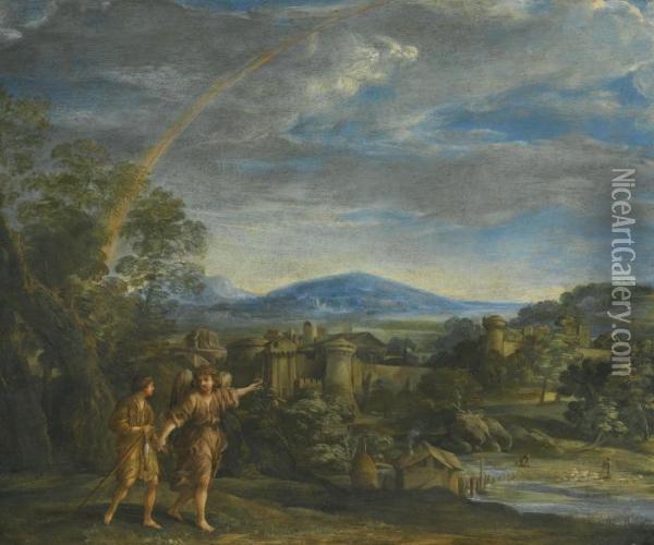 Tobias And The Archangel Raphael In A Landscape Oil Painting - Giovanni Francesco Romanelli