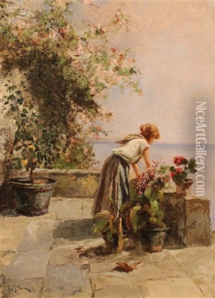 Young Woman On A Balcony Oil Painting - Leontine (Lea) von Littrow