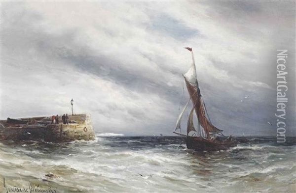A Fishing Smack Coming Into Harbour, A Squall Approaching Oil Painting - Gustave de Breanski