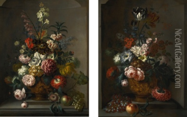 Two Still Lifes With Flowers In Sculpted Bronze Urns, Each Set Within A Stone Niche And Beside A Bunch Of Grapes Oil Painting - Johann Baptist Halszel