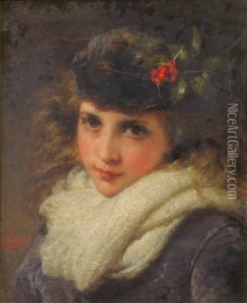 Portrait Of A Pretty Young Lady, Head And Shoulders, Wearing A Blue Coat And Cream Scarf Oil Painting - Henry Lejeune