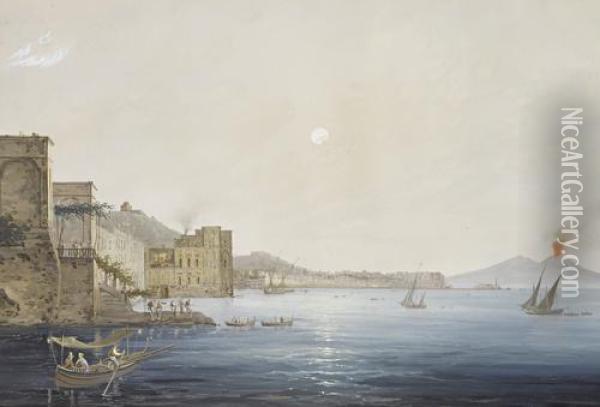 Vesuvius In Eruption With The Bay Of Naples In The Distance; The Bay Of Naples Oil Painting - Gioacchino La Pira