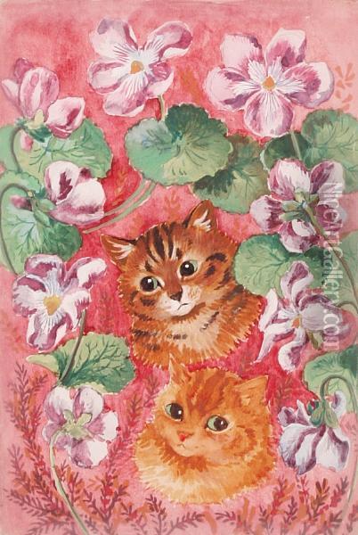 Tabby And Pansies Oil Painting - Louis William Wain