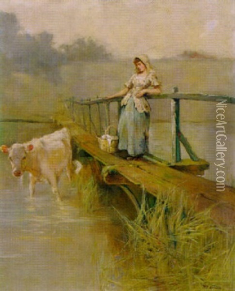 Junge Bauerin Auf Einem Holzsteg Am See Oil Painting - Henry Benjamin Roberts