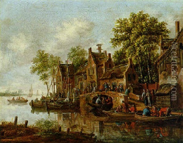 Dorf An Einem Flus Mit Vielen Booten Und Figuren Oil Painting - Thomas Heeremans
