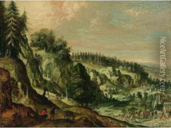 A Rocky Landscape With Travellers On A Path And A Village In A Valley Oil Painting - Frederik van Valkenborch