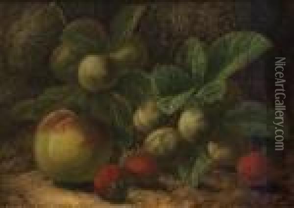 Still Life With Peach, Greengages And Strawberries Oil Painting - Oliver Clare