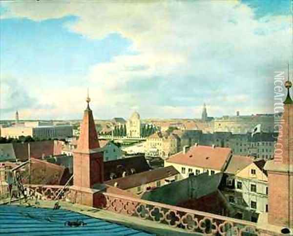 View of the city of Berlin with Altes Museum and Cathedrale from the roof of the Church of Friedrichswerder Oil Painting - Eduard Gartner