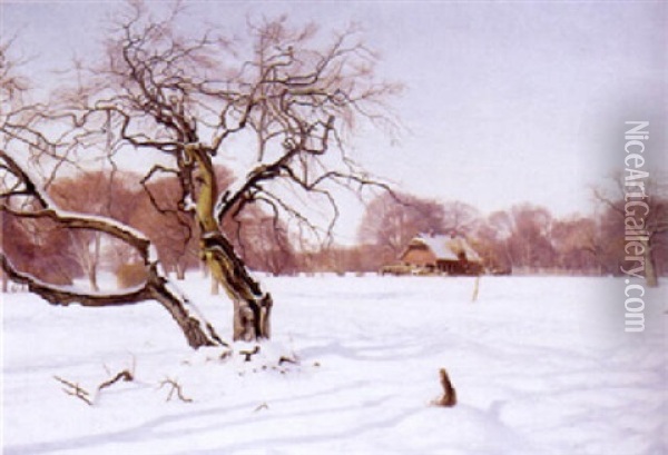 Winterlicher Park Mit Futterhaus Und Rotwild Oil Painting - Charles Alfred Emanuel Henrichsen Bremsen
