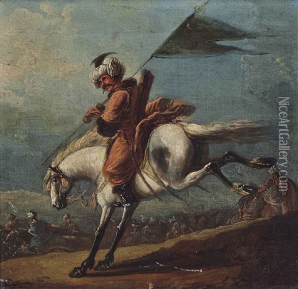 A Turkish Soldier On Horseback, Holding A Sword, A Battle Beyond; And A Turkish Soldier On Horseback, Holding A Flag, A Battle Beyond (pair) Oil Painting - Francesco Simonini