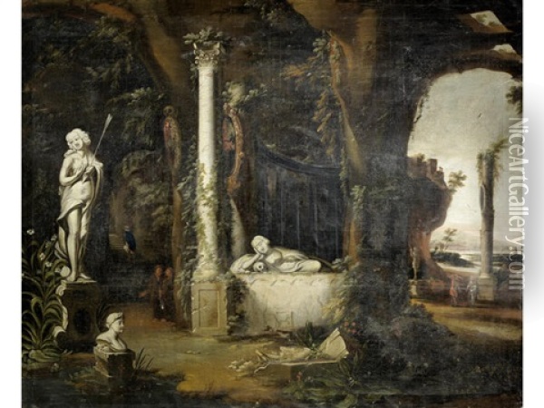 An Architectural Capriccio With Classical Ruins Oil Painting - Charles Cornelisz de Hooch