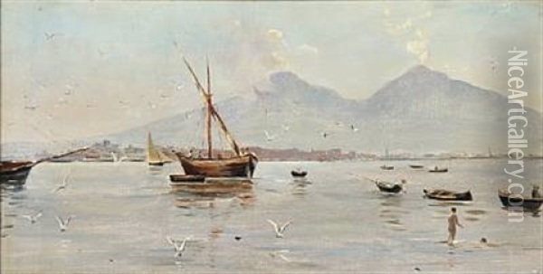 Coastal Scenery From South Europe, In The Background Two Volcanoes Oil Painting - Andreas Christian Riis Carstensen