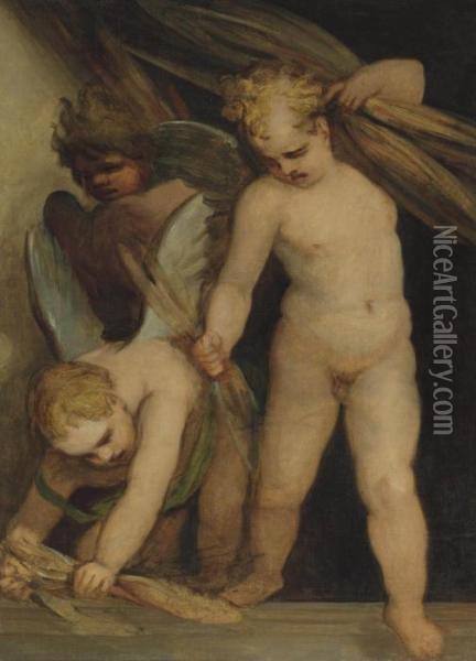 Putti Gathering Bundles Of Reeds Oil Painting - George Romney