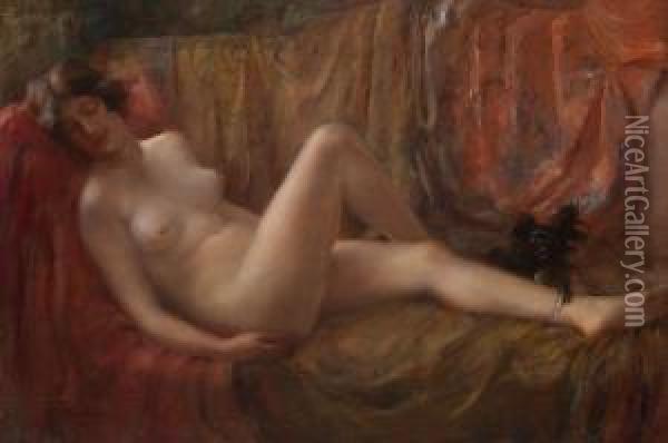 Nude With A Dog Oil Painting - Vitali Gavrilovitch Tikhov