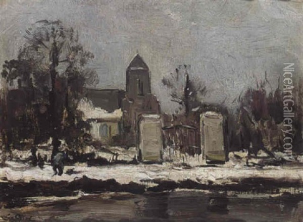 A Winter Landscape With Figure Walking Along A Canal Oil Painting - Louis Apol