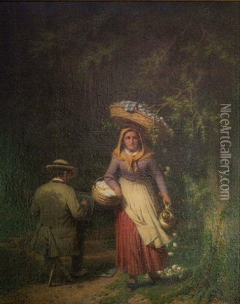 La Femme Au Panier Et Le Peintre Oil Painting - Francois Verheyden