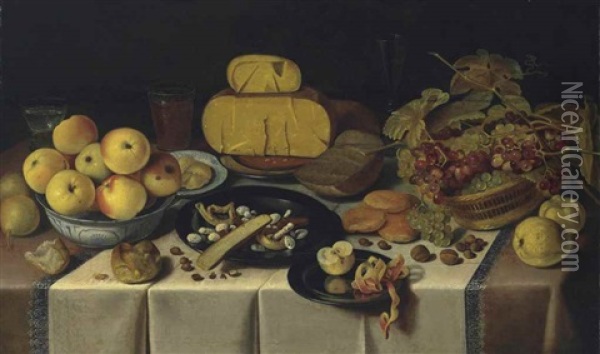 A Banquet With Cheese And Fruit On Pewter Plates, A Basket Of Grapes, Apples In A Wan-li Kraak Porcelain Bowl, And Bread And Glasses On A Draped Table Oil Painting - Roelof Koets