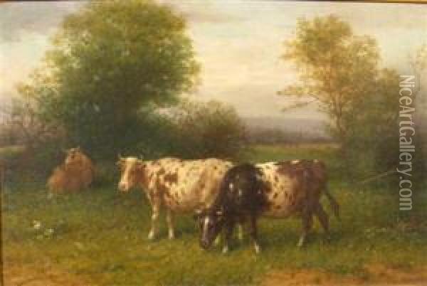 Cows Grazing Oil Painting - George A.E., Geo Riecke