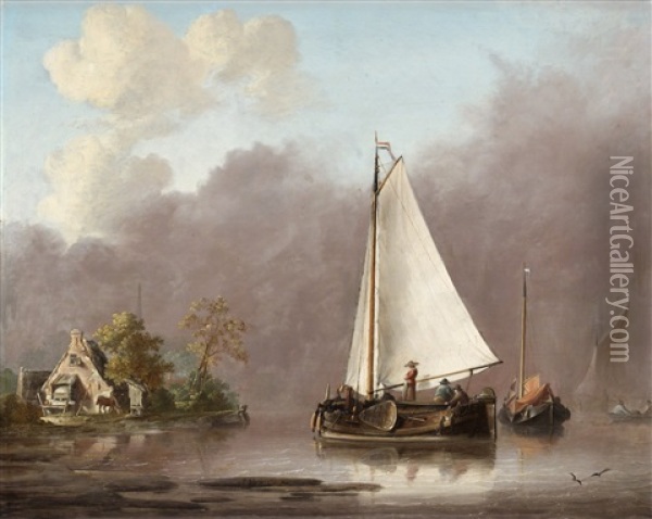 Hollandskt Flodlandskap Med Figurer Och Batar Oil Painting - Jan van Os