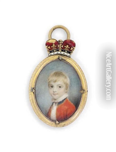 Prince William Frederick, Duke Of Gloucester And Edinburgh (1776-1834), As A Young Boy, In Red Coat, White Shirt With Upstand Collar, Fair Hair On Ivory Oil Painting - Samuel Shelley
