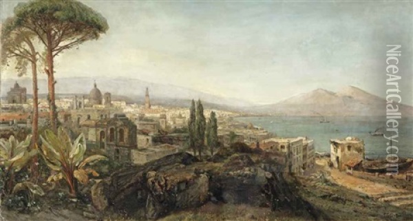 A View Of The Bay Of Naples With The Vesuvius Beyond Oil Painting - Pierre (Henri Theodore) Tetar van Elven