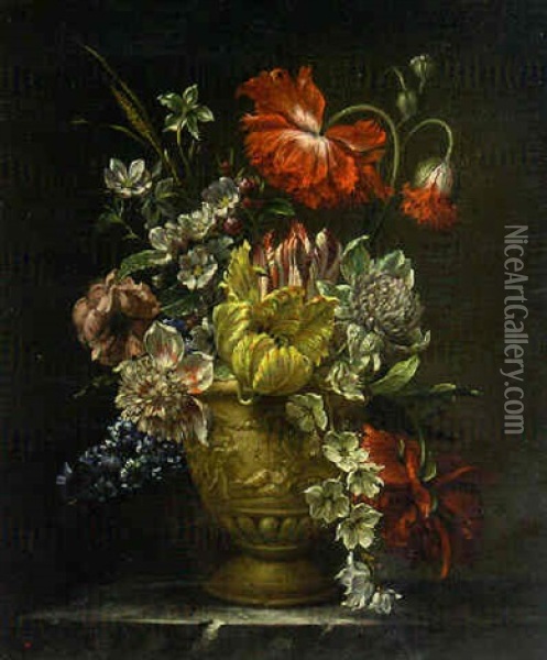 Flowers In A Sculpted Urn On A Marble Ledge Oil Painting - Pieter Casteels III