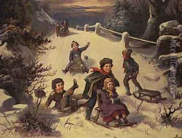 Sledging and Snowballing Oil Painting - Greben