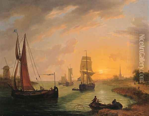 Shipping on a river at sunset Oil Painting - Frans Swagers