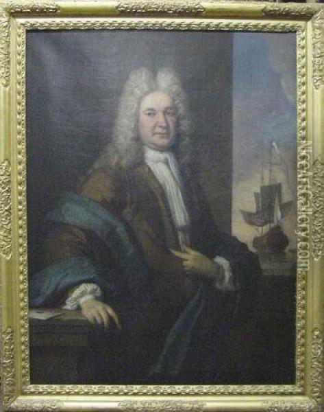 Portrait Of A Gentleman With Ship In Background Oil Painting - Sir Godfrey Kneller