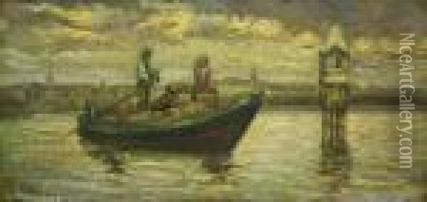 Marina Con Barca Da Trasporto Oil Painting - Guglielmo Ciardi