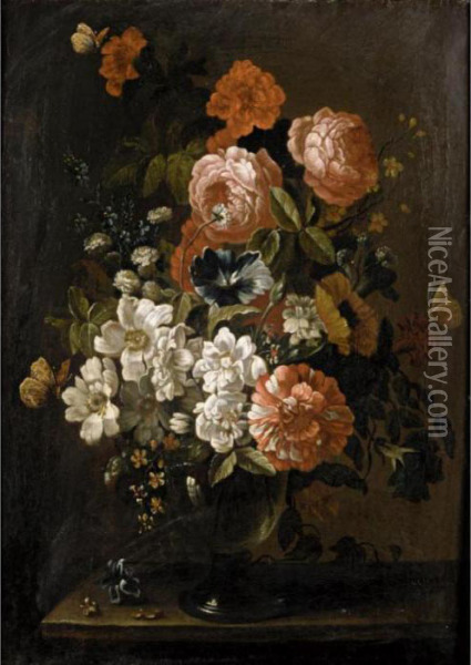 Still Life With Various Flowers In A Glass Vase, On A Stone Ledge Oil Painting - Pieter Hardime