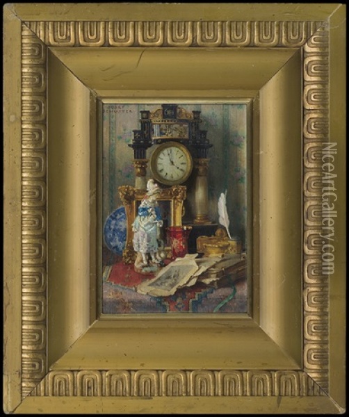 Still Life With A Clock Oil Painting - Joseph Schuster