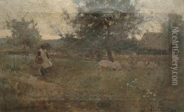 A Girl With Sheep By A Farmstead Oil Painting - Adam Edwin Proctor