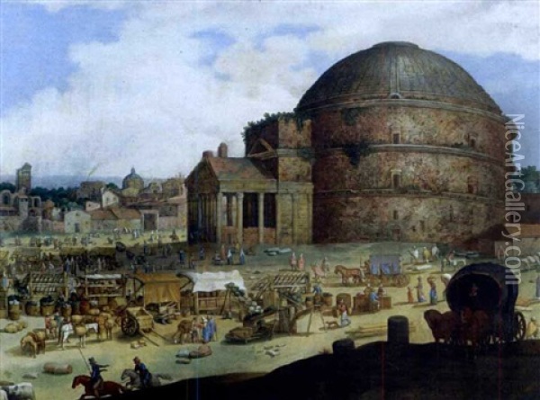 Busy Market Scene Outside The Pantheon At Rome Oil Painting - Willem van Nieulandt the Younger